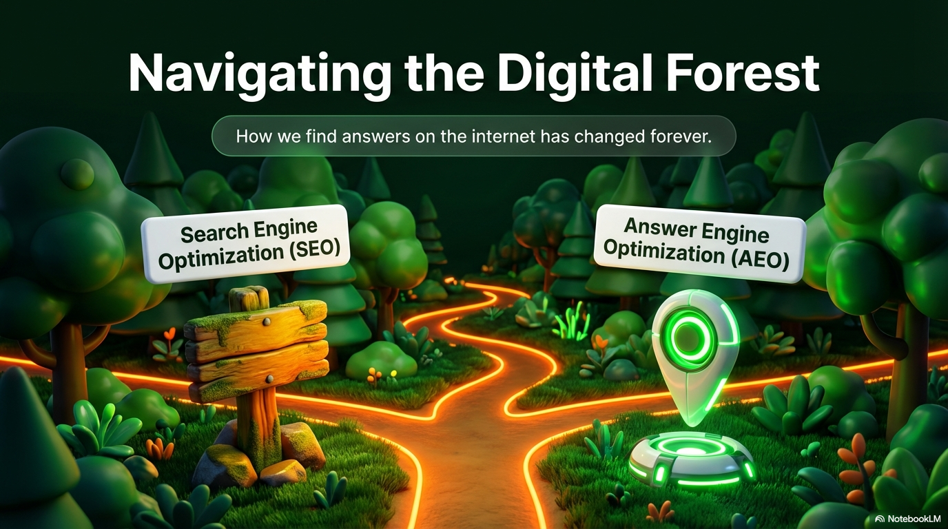 Two paths fork in a digital forest — one labeled SEO, the other AEO