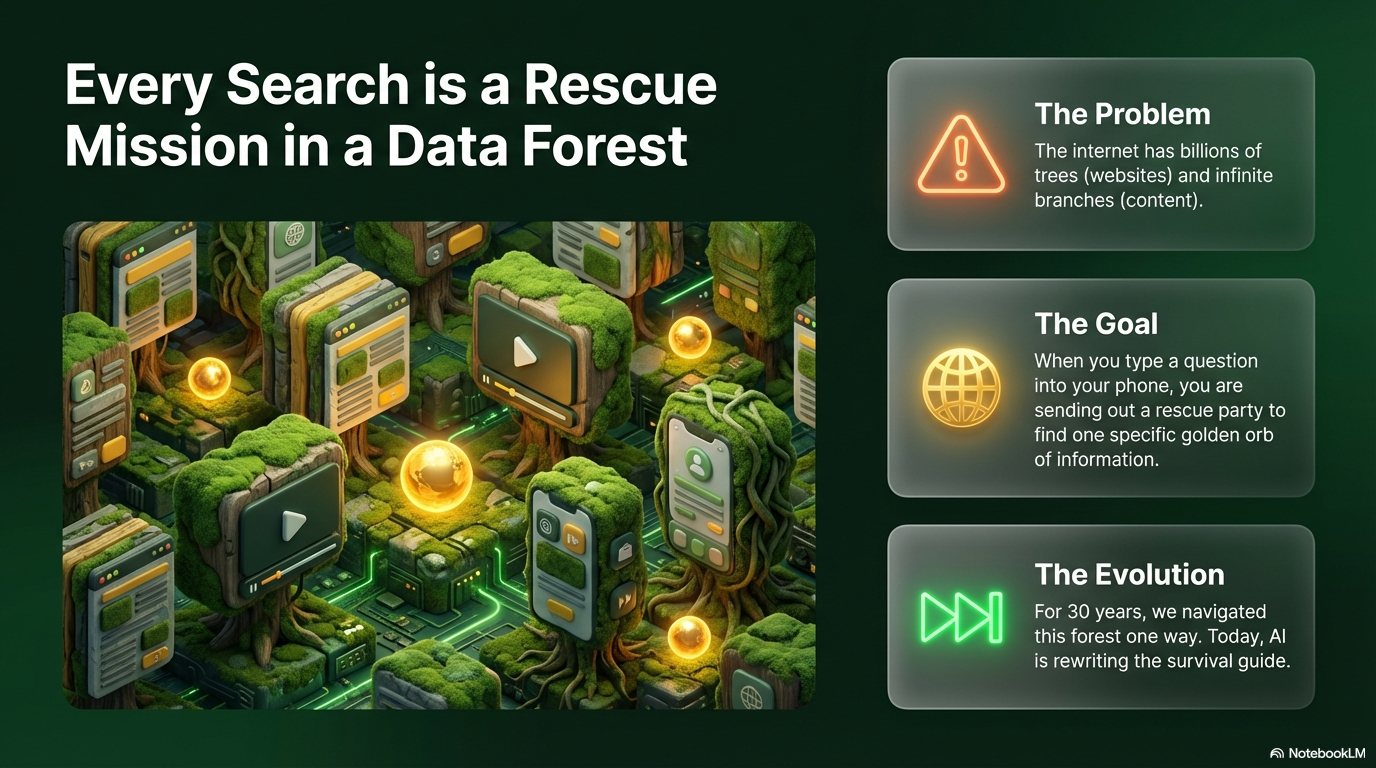 Every search is a rescue mission in a data forest — the problem, the goal, the evolution