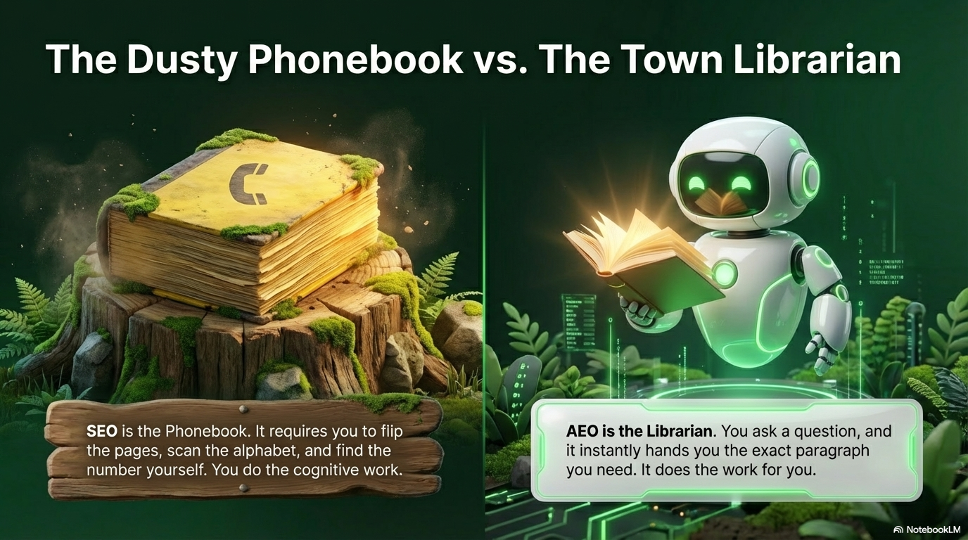 SEO is the phonebook — you do the work. AEO is the librarian — it does the work for you.