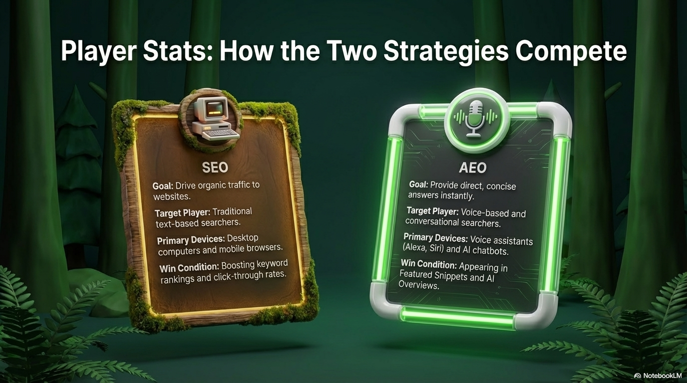 Player Stats comparing SEO and AEO strategies side by side — goals, targets, devices, win conditions