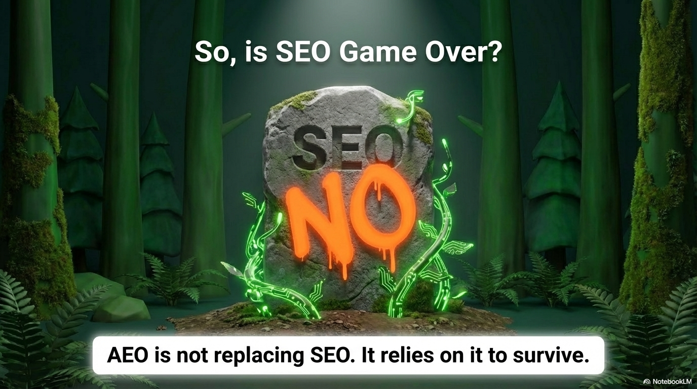 So is SEO game over? NO — spray painted on a tombstone. AEO is not replacing SEO, it relies on it.