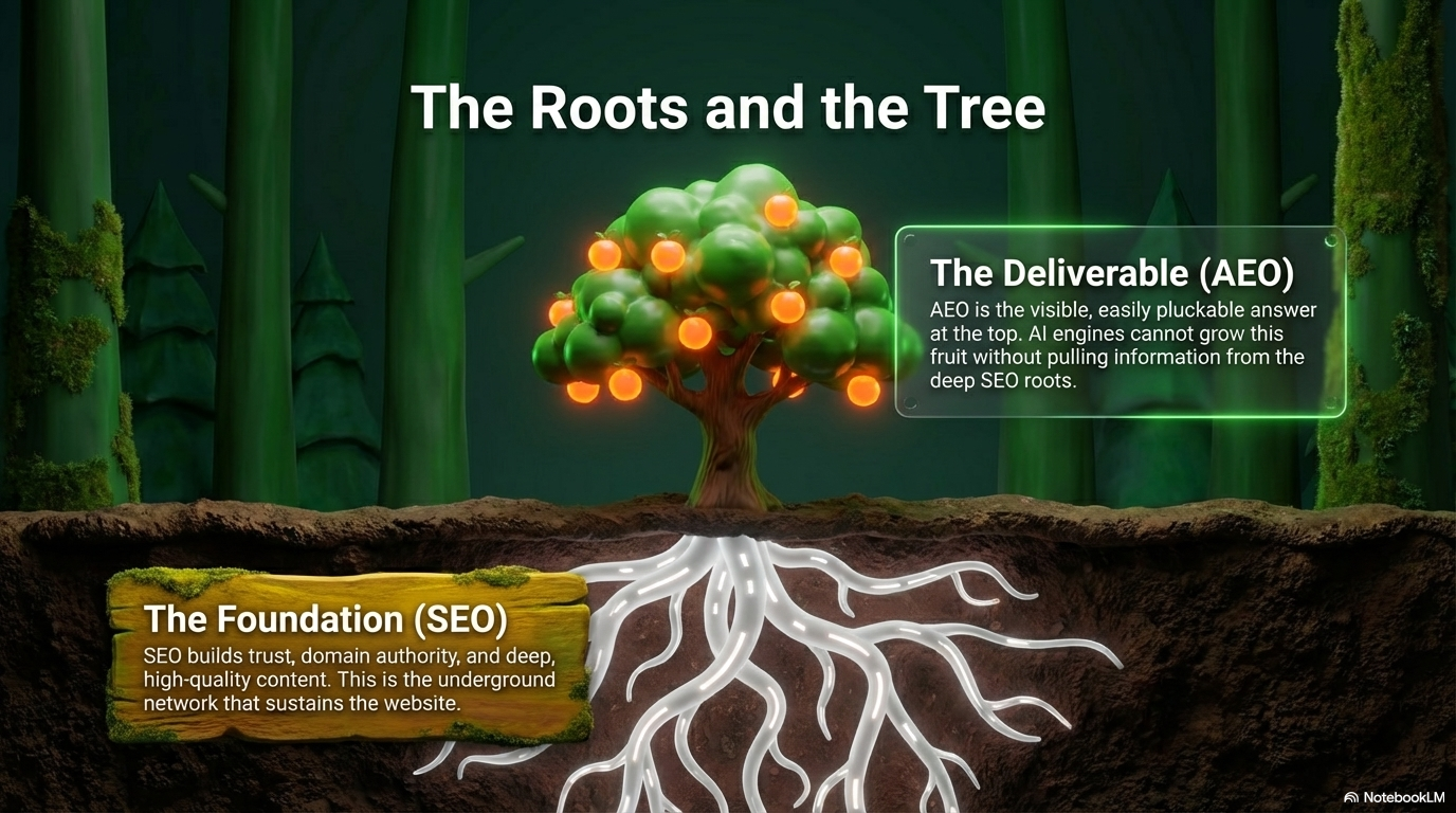 The Roots and the Tree — SEO is the root foundation underground, AEO is the visible fruit on top