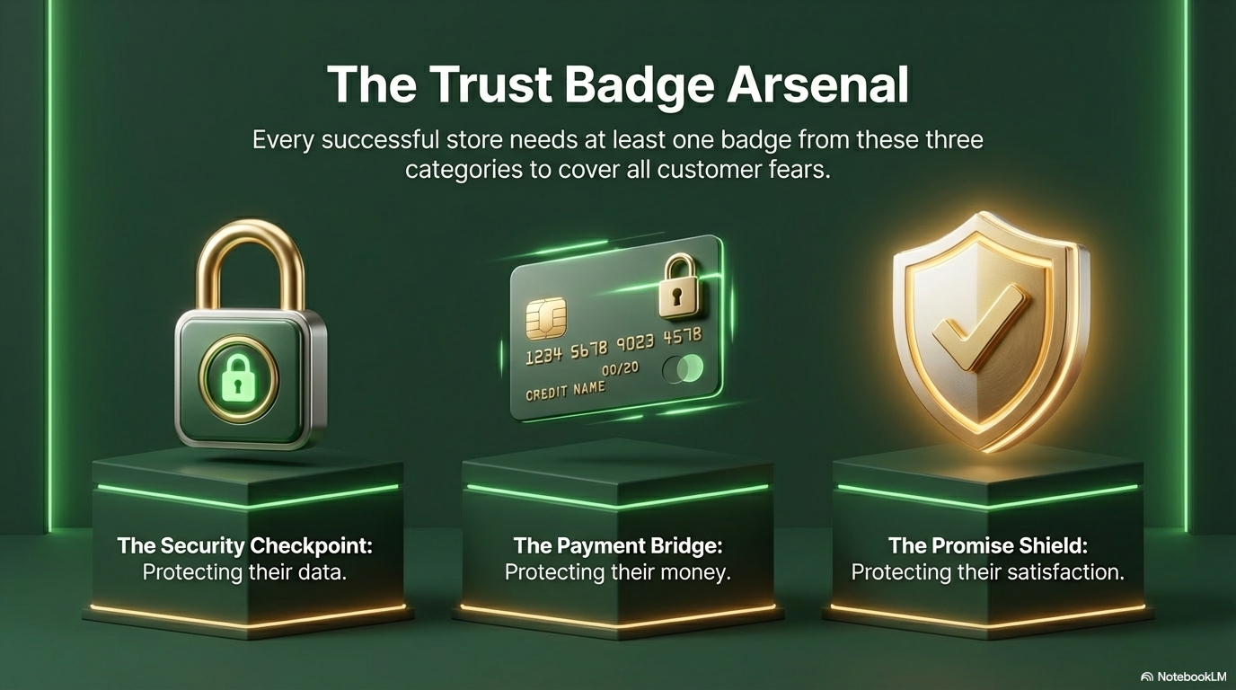 The Trust Badge Arsenal — Security Checkpoint, Payment Bridge, Promise Shield