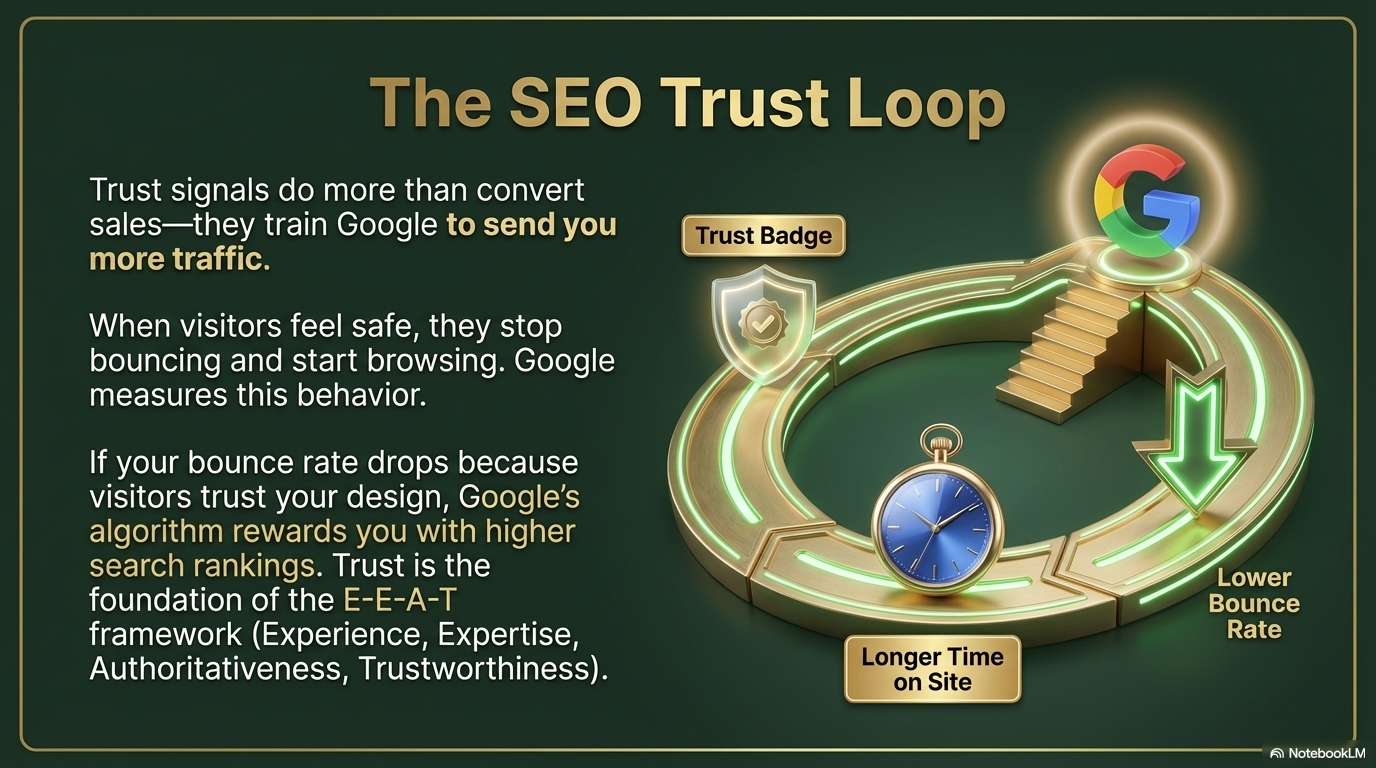 The SEO Trust Loop — trust badges lower bounce rate, Google rewards you