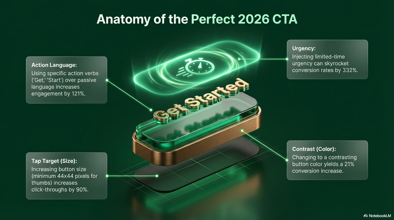 Anatomy of the perfect 2026 CTA — action language, urgency, contrast, tap target
